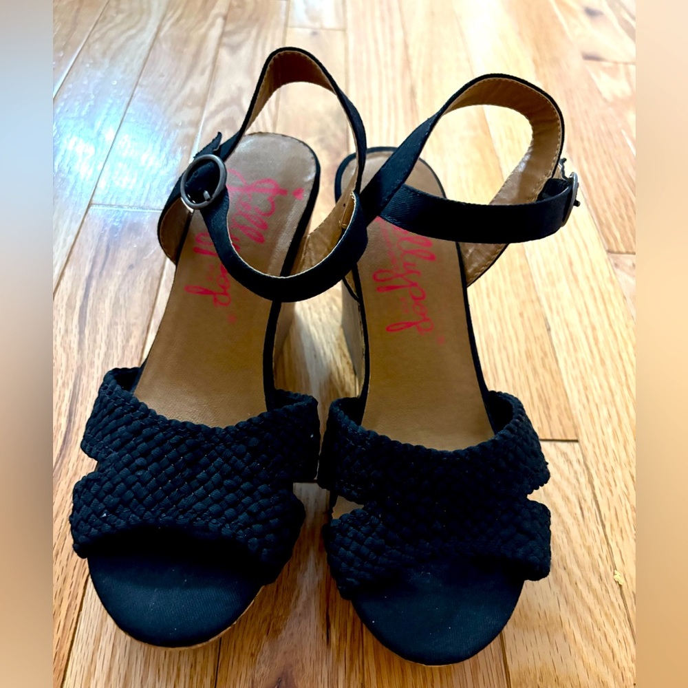 Jelly pop Panke, Black Canvas Wedge Sandal, Size 7M